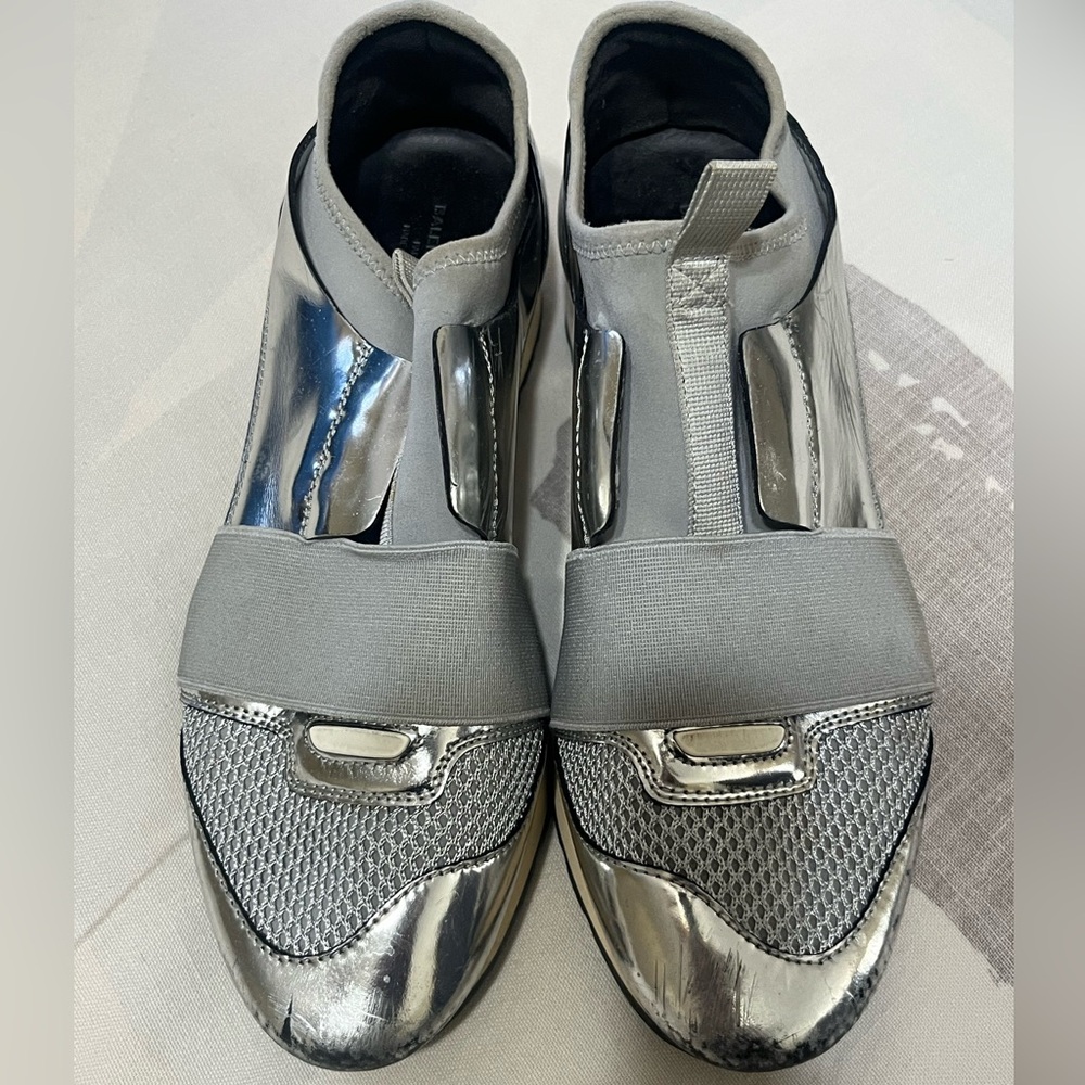 Balenciaga Metallic Silver and Black Race Runners with COA